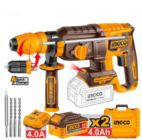 Εικόνα της Πιστολέτο Περιστροφικό Κρουστικό Σκαπτικό Μπαταρίας 20V Li-Ion 2.5J Φ26mm +Ταχυτσόκ Ingco