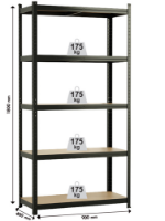 Εικόνα της Ραφιέρα Μεταλλική μαύρη 90x40x180, με 5 Ξύλινα Ράφια (MDF) Max. Φορτίο 175kg ανά Ράφι, Κουμπωτής Συναρμογής